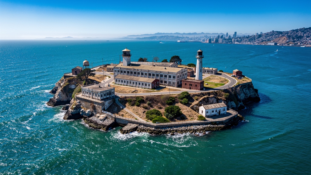 Alcatraz Island aerial view with blue bay water and historic prison buildings