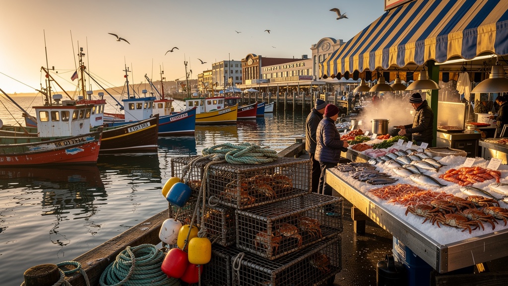 Fisherman's Wharf harbor with colorful boats, crab pots and market stalls