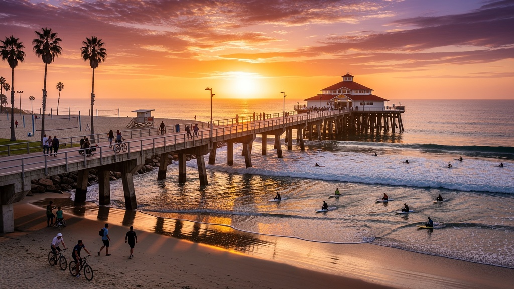 Huntington Beach pier at sunset with surfers