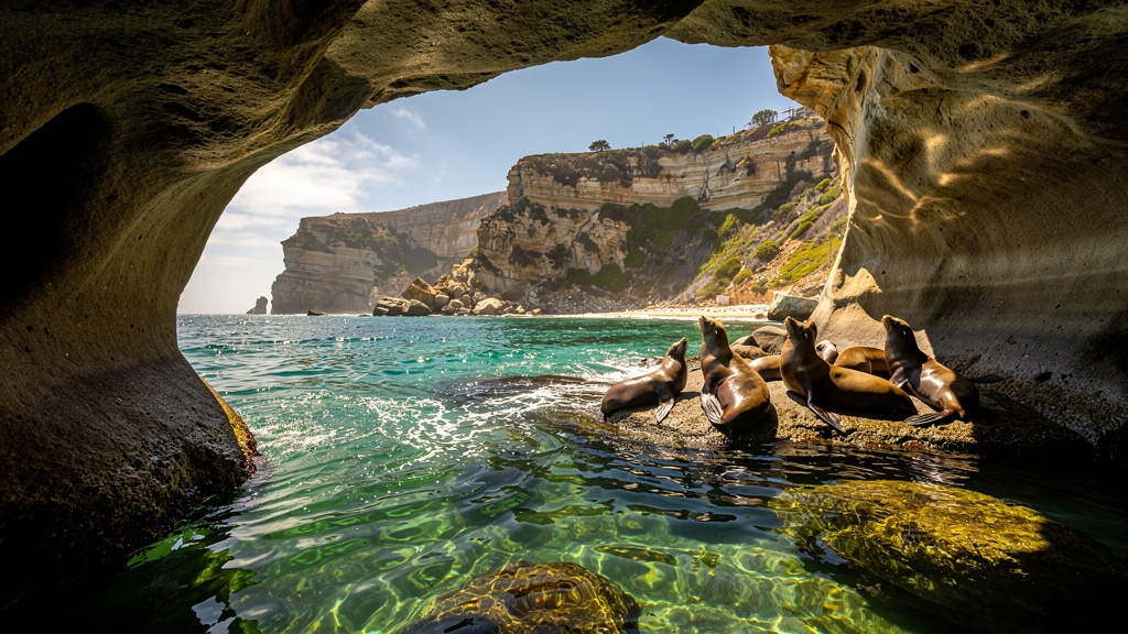 La Jolla Cove with sea lions and crystal water