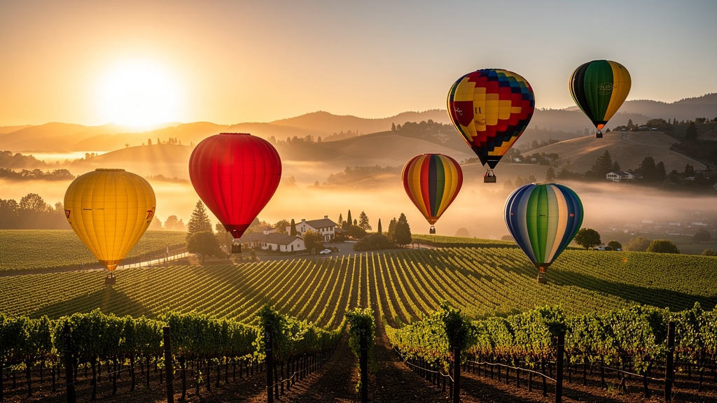 Hot air balloons floating above Napa Valley vineyard landscape at sunrise, morning mist in the valley below