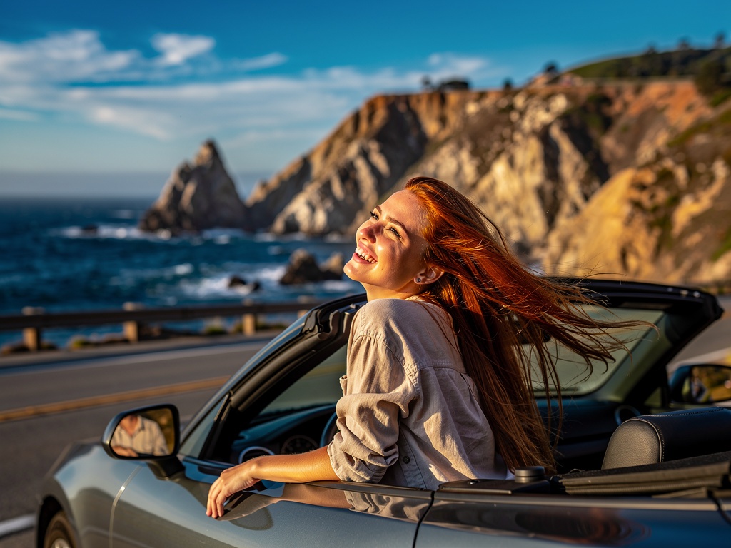 Young Caucasian woman with auburn hair leaning out of a convertible on Pacific Coast Highway, California, wind in hair
