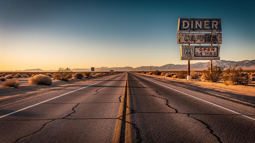 Historic Route 66 straight desert highway with vintage roadside diner sign, Mojave Desert California, warm golden hour light