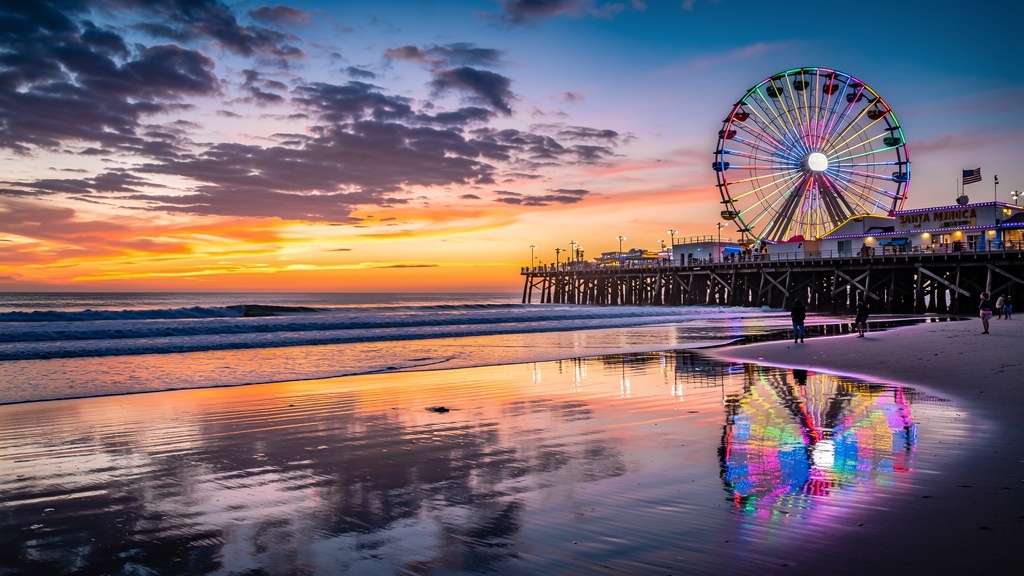 Santa Monica Pier at sunset with Pacific Park Ferris wheel and colorful reflections