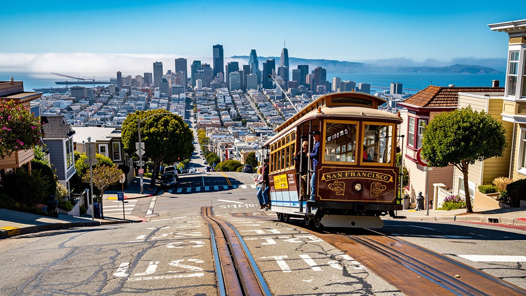 San Francisco cable car climbing a steep hill past Victorian houses