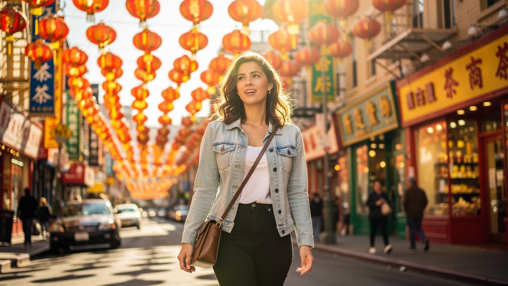 Young Caucasian woman exploring San Francisco Chinatown with colorful lanterns