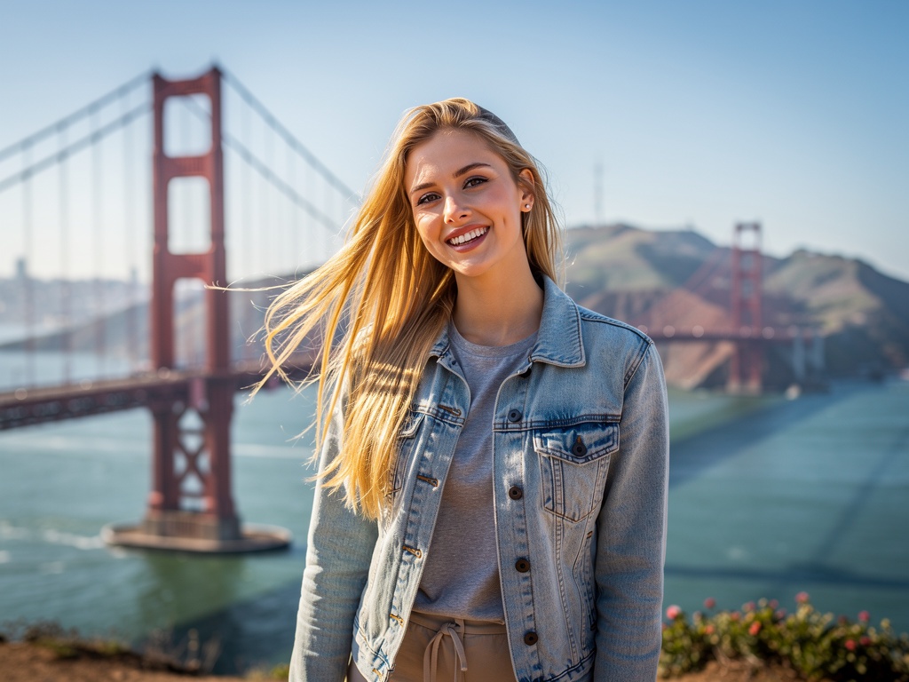 Young Caucasian woman smiling at the Golden Gate Bridge on a sunny day