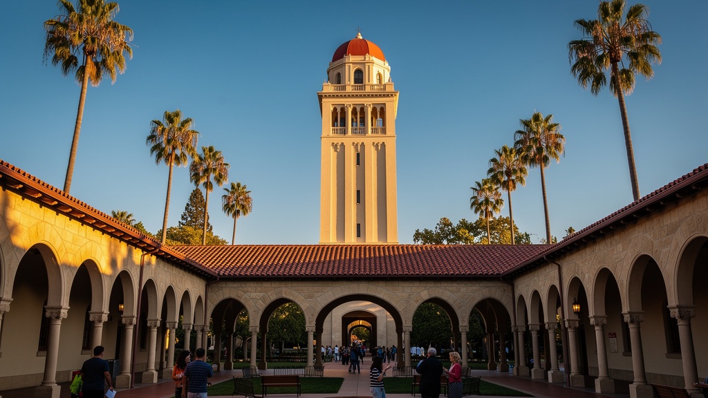 Stanford University campus with Hoover Tower and Spanish colonial architecture