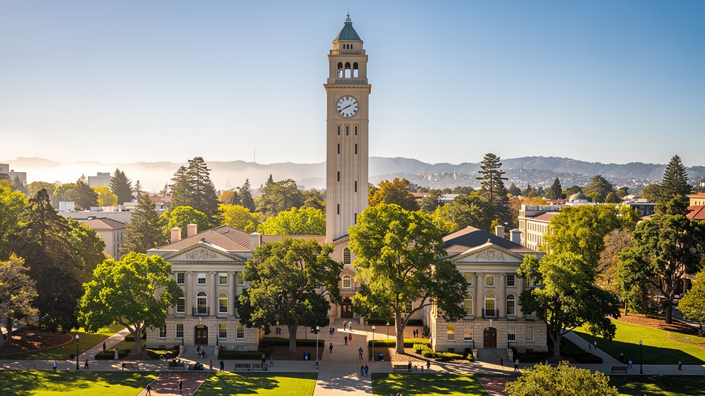 UC Berkeley Sather Tower Campanile with Bay Area hills in background