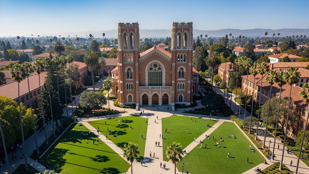 UCLA campus aerial view with Royce Hall and well-maintained lawns
