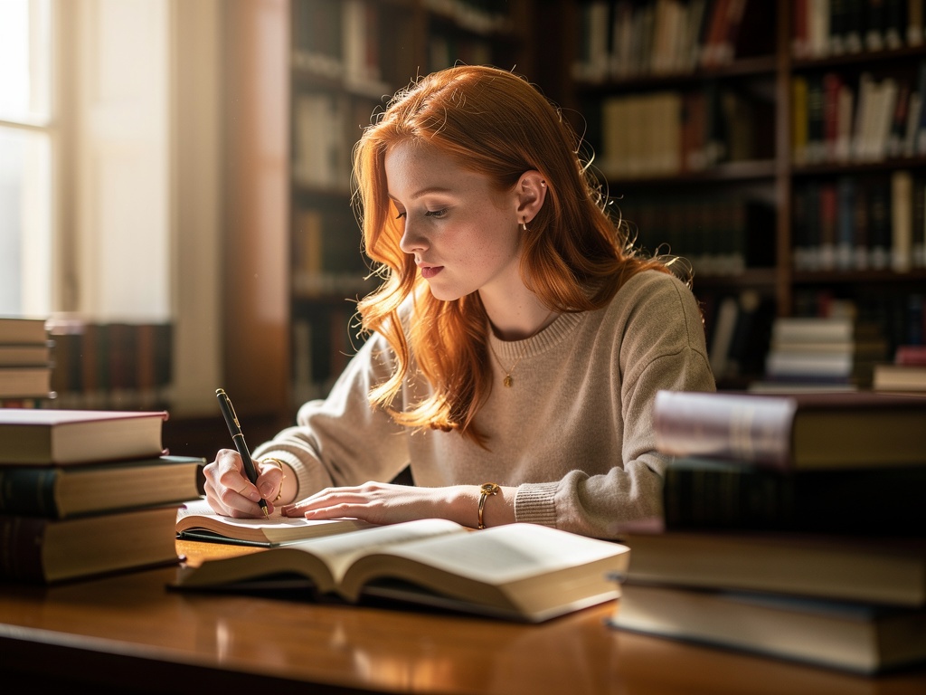 Young Caucasian woman studying in a university library with natural light